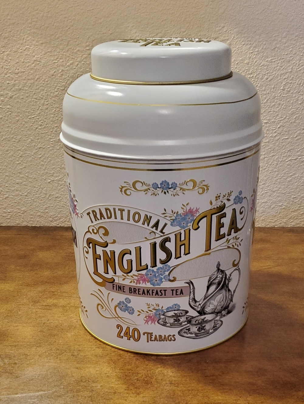 Traditional English Tea EMPTY Tin 10" - White & Gold Cannister From The UK.